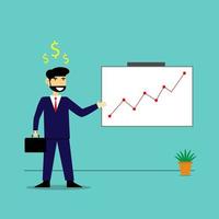 hombre de barba de negocios de dibujos animados vectoriales mostrar gráfico de crecimiento de inversión en organización vector