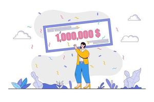 Flat happy girl winning money prize concept. Outline design style minimal vector illustration for landing page, web banner, infographics, hero images