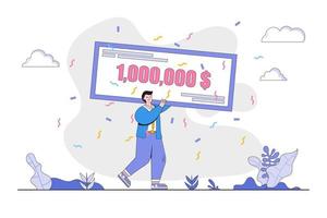 Flat happy guy winning money prize concept. Outline design style minimal vector illustration for landing page, web banner, infographics, hero images