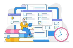 Flat online testing with people characters concept. Outline design style minimal vector illustration for landing page, web banner, infographics, hero images