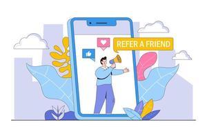 Flat referring a friend with people characters concept. Outline design style minimal vector illustration for landing page, web banner, infographics, hero images