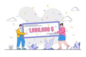 Flat happy guy and girl winning money prize concept. Outline design style minimal vector illustration for landing page, web banner, infographics, hero images