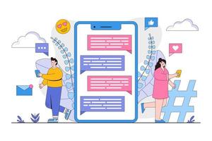 Flat chat and messages with people characters concept. Outline design style minimal vector illustration for landing page, web banner, infographics, hero images