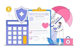 los personajes médicos planos se encuentran cerca del concepto de contrato de seguro médico. ilustración vectorial mínima de estilo de diseño de esquema para página de inicio, banner web, infografía, imágenes de héroe vector