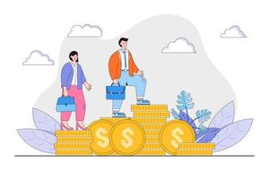 Flat man and woman standing on different stacks of gold coins concept. Outline design style minimal vector illustration for landing page, web banner, infographics, hero images