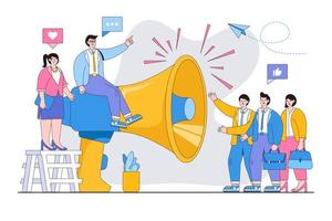 Flat big loudspeaker with business people working concept. Outline design style minimal vector illustration for landing page, web banner, infographics, hero images