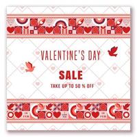 Sales banner for Valentines day with horizontal geometric composition, place for text. Such symbols of Valentines day as heart, rose, dove are used. Grid with small hearts, thin lines on background vector