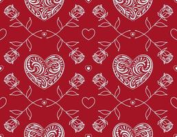 Red background with white lacy hearts and one line drawn rose. Seamless pattern. Decoration for Valentines day, love romantic theme. Good for wrapping, textile, print, wedding decor vector