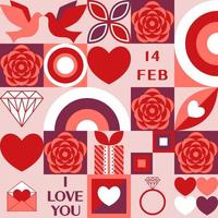 Valentines day seamless background with dove, rose, rainbow, diamond, heart, present, ring, abstract geometric shapes. Vector pattern for social media, website, posters, coupons, promotional prints.