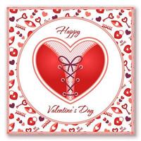 Valentines card with round frame consisting heart stylized like a woman red corset with lacing. Such symbols as heart, love key, heart shaped padlock are used. vector