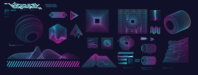 Holographic Retro futuristic 80s 90s style Cyberpunk concept  Shapes design elements retro vibe