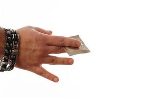 male hand holds a condom photo