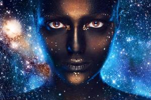 Space make up on female face photo