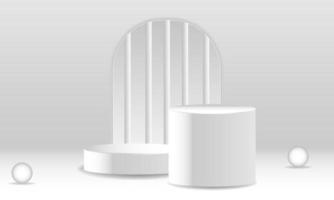 pedestal podium mockup. Abstract white 3D vector room with realistic white cylinder pedestal podium set. Minimal scene for product display presentation. Vector geometric platform. Stage for showcase.