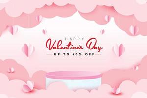 Valentine's day offer banner template with product podium in clouds with hanging hearts vector