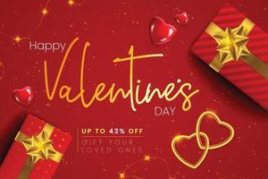 banner de venta de feliz día de san valentín con cajas de regalo decoradas, corazones 3d, corazones dorados enlazados. vector
