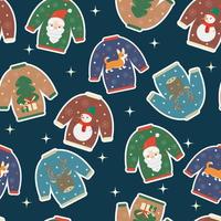 Winter funny seamless pattern with cartoon ugly sweaters. Cute Christmas sweaters concept in flat style. Vector ugly sweaters party invitation.