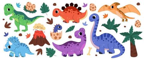 conjunto de lindos dinosaurios jurásicos bebé, huevo, hoja, volcán. paleontología de dino prehistórico infantil. brontosaurio, velociraptor, triceratops, tirex, tiranosaurio, pterodáctilo. vector
