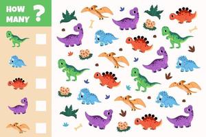 cuente cuántos dinosaurios y escriba el resultado para niños en edad preescolar. juego de conteo matemático educativo. contar el número de animales. mini hoja de trabajo de matemáticas para niños de jardín de infantes. vector