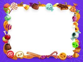 Halloween sweet treats, candies and pumpkin frame vector