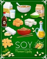 Soy bean, tofu, milk and oil, tempeh, miso sauce vector