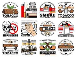 Tobacco products, cigars shop, hookah bar icons vector