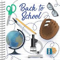 School student notebook with pencil, globe, pen vector