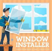 Installation of window. Installer, tool kit, level vector