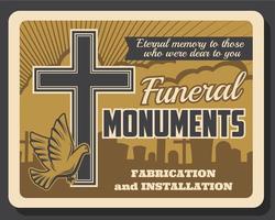 Funeral monuments retro poster, burial service vector