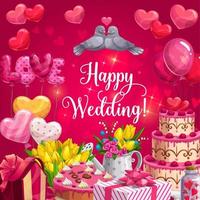 boda feliz, pastel de corazón, globos y flores vector