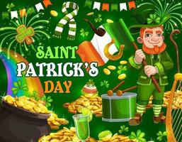 Patricks day party, leprechaun and fireworks vector