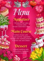 Menu on wedding, main courses, desserts appetizers vector