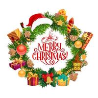 Merry Christmas greeting, fir wreath and Santa hat vector