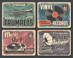 Music instruments, vinyl records, musical notes vector