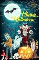 Halloween ghost, dracula vampire, zombie and bats vector