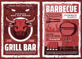 BBQ picnic and barbecue grill party, retro poster vector