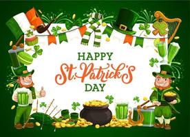 Leprechauns, St Patrick shamrock, gold, green beer vector