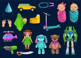 Baby toy, car, robot, doll, bear and scooter icons vector