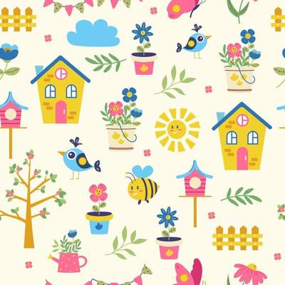 Seamless pattern of spring. Flowers, bee, butterfly, bird