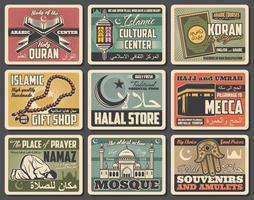 Muslim religion mosque, Islam moon, lantern, quran vector