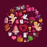 Circle of Valentines Day gifts, flowers and rings vector