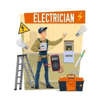 electricista con herramientas, caja de herramientas y equipo vector