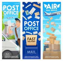 Postman, letter, parcels and mailbox, plane, truck vector