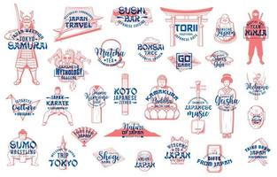 Japan icons of culture, travel, food and sport vector