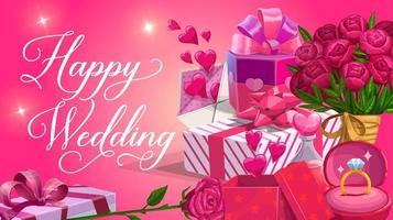 saludos del día de la boda, flores y regalos, corazones vector