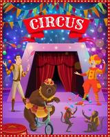 arena de carpa de circo, payaso, malabarista, oso, monos vector