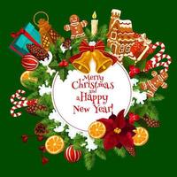 Christmas and New Year card with Xmas wreath vector