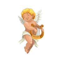 Cupid winged boy playing on harp isolated vector