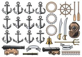 anclas náuticas, timón, cuerdas, cadenas y cañones