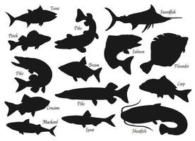 Silhouette of fishes, sea and river fishing icons vector